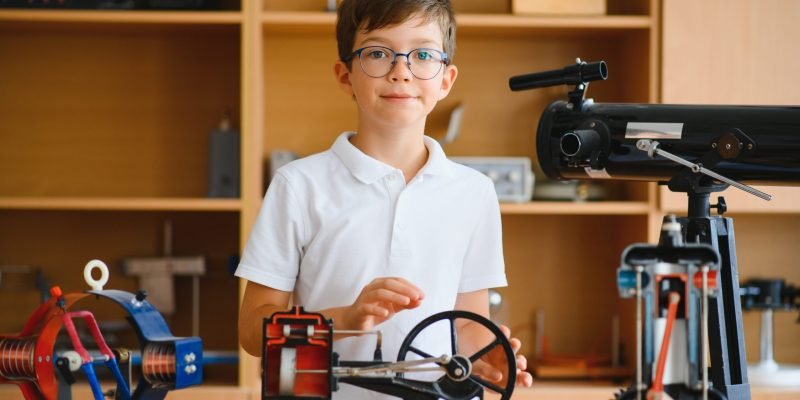 Cute little boy at physics lesson in classroom.