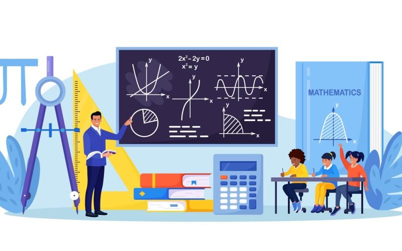 Math school subject. Pupils studying mathematics in classroom. Teacher pointing at chalkboard, teaching kids. Children at desks learn maths, arithmetics, algebra and geometry. Education, knowledge