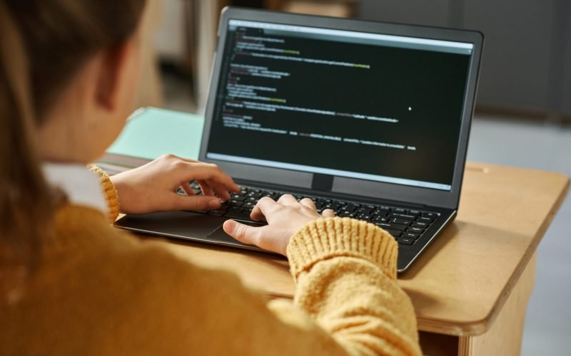 Rear view of schoolgirl examining computer codes on monitor on laptop while sitting at desk at class